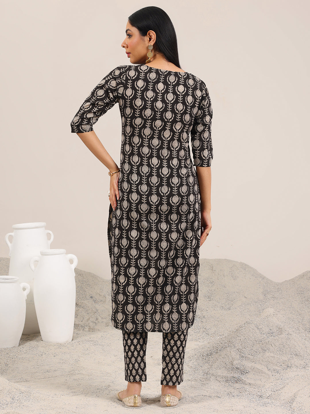  Black Printed Cotton Straight Kurta Set 