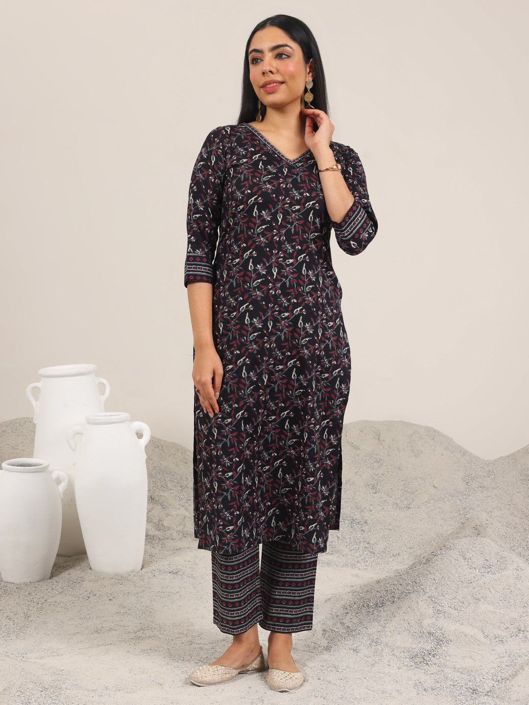  Black Printed Cotton Straight Kurta Set 