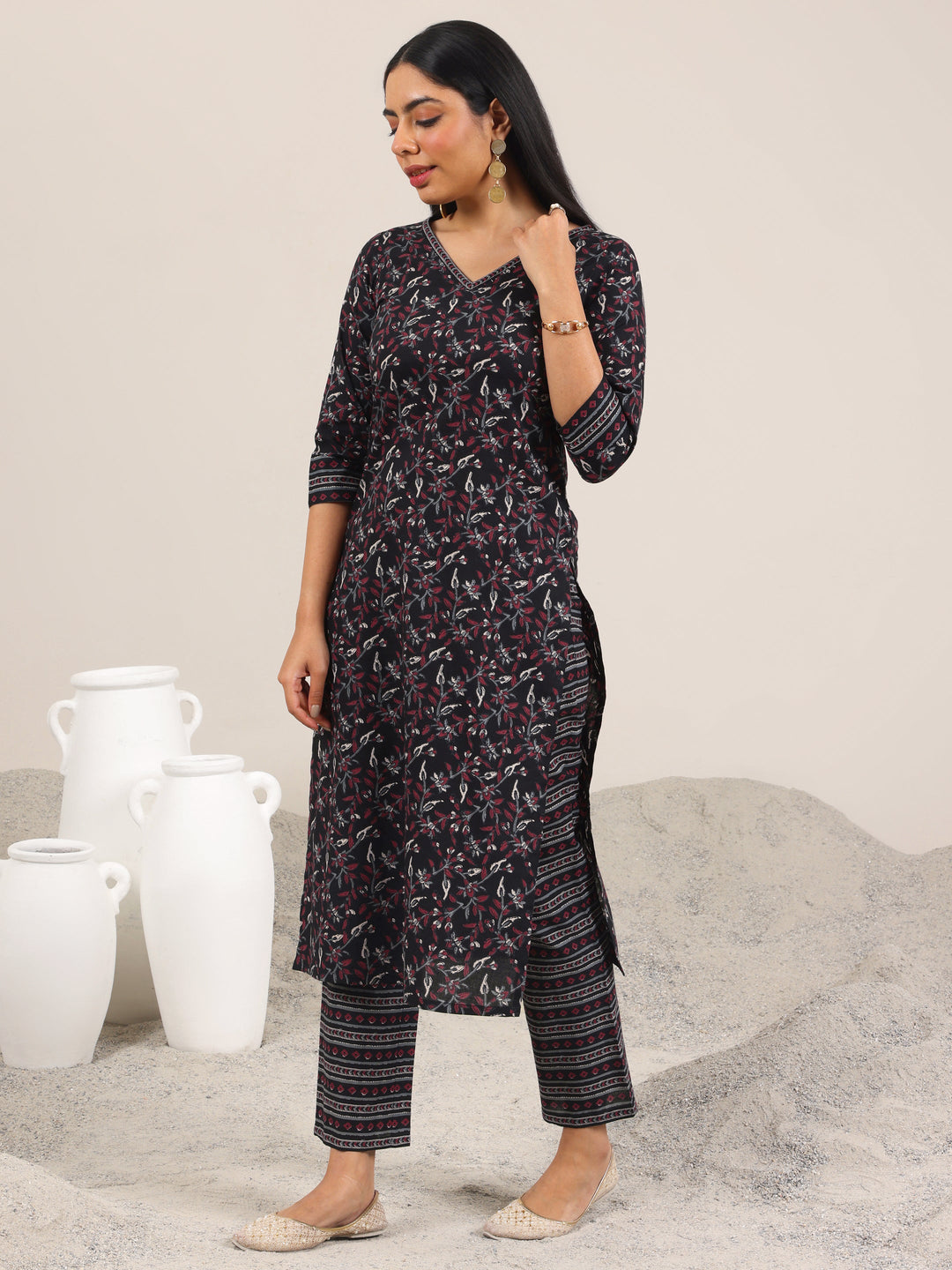  Black Printed Cotton Straight Kurta Set 