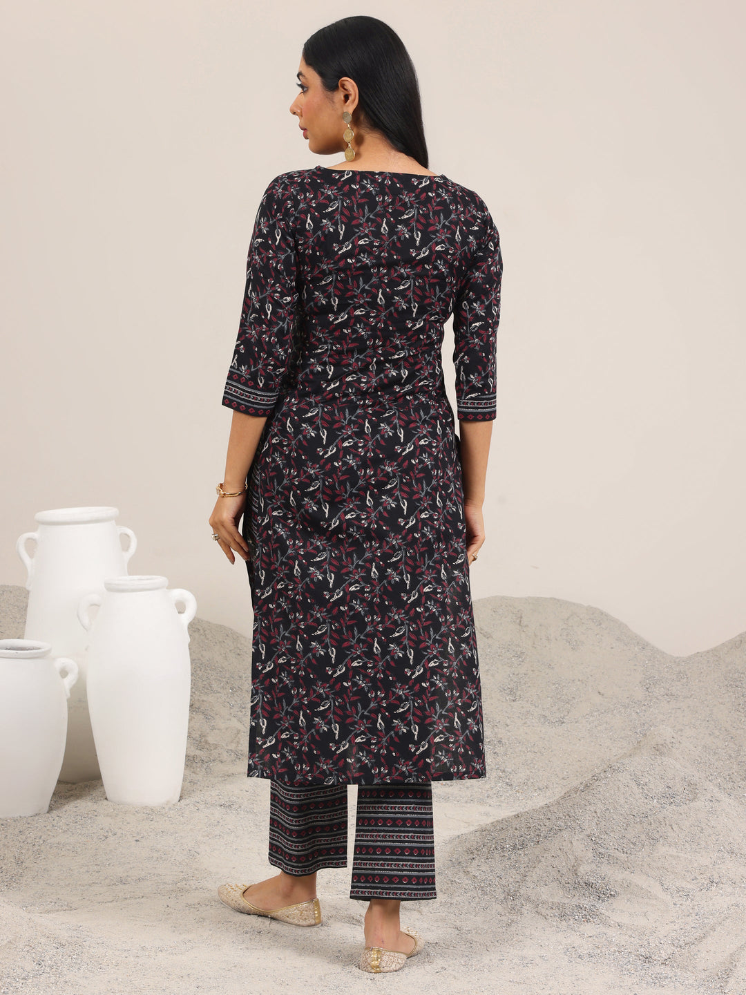  Black Printed Cotton Straight Kurta Set 