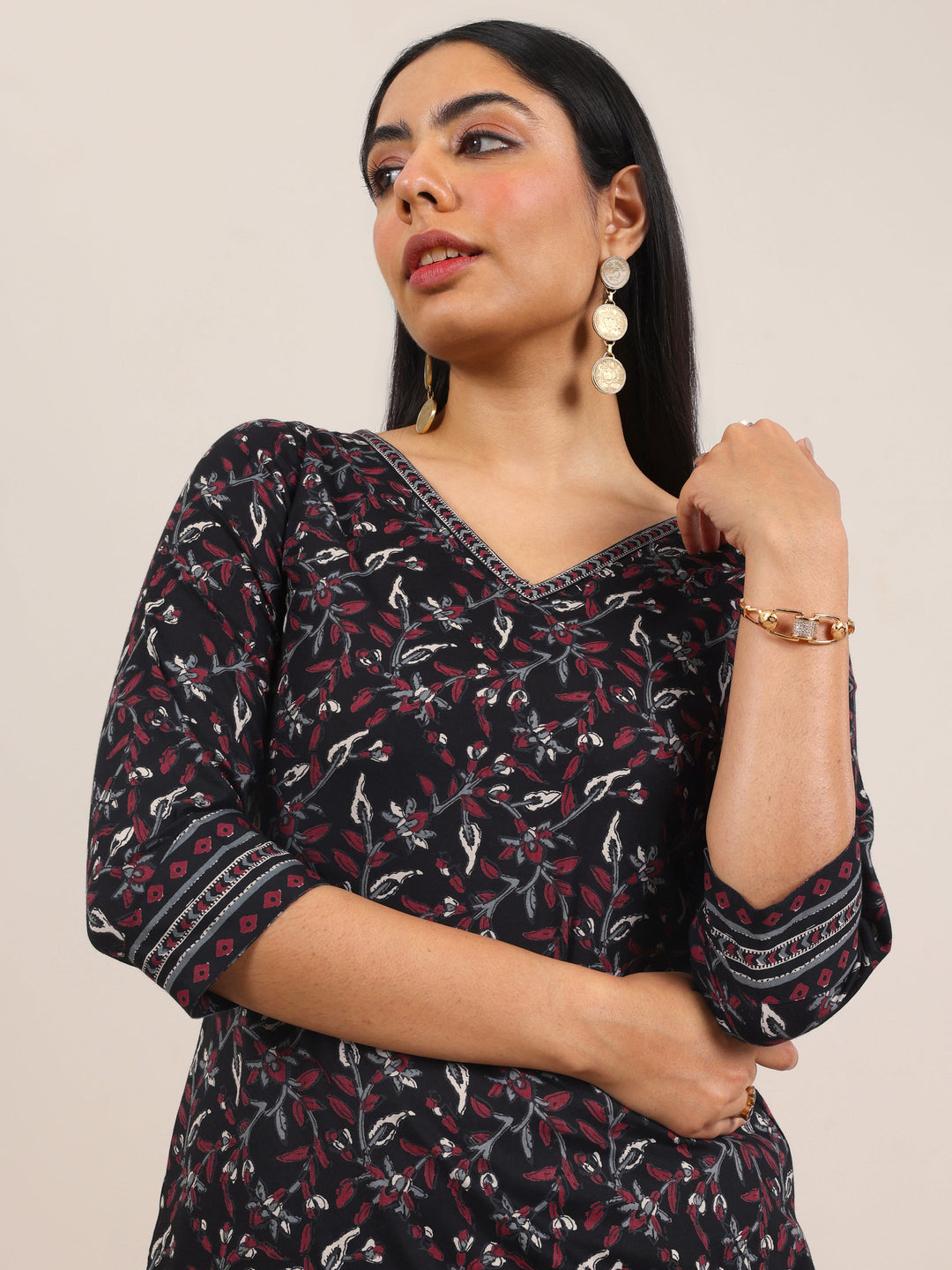  Black Printed Cotton Straight Kurta Set 