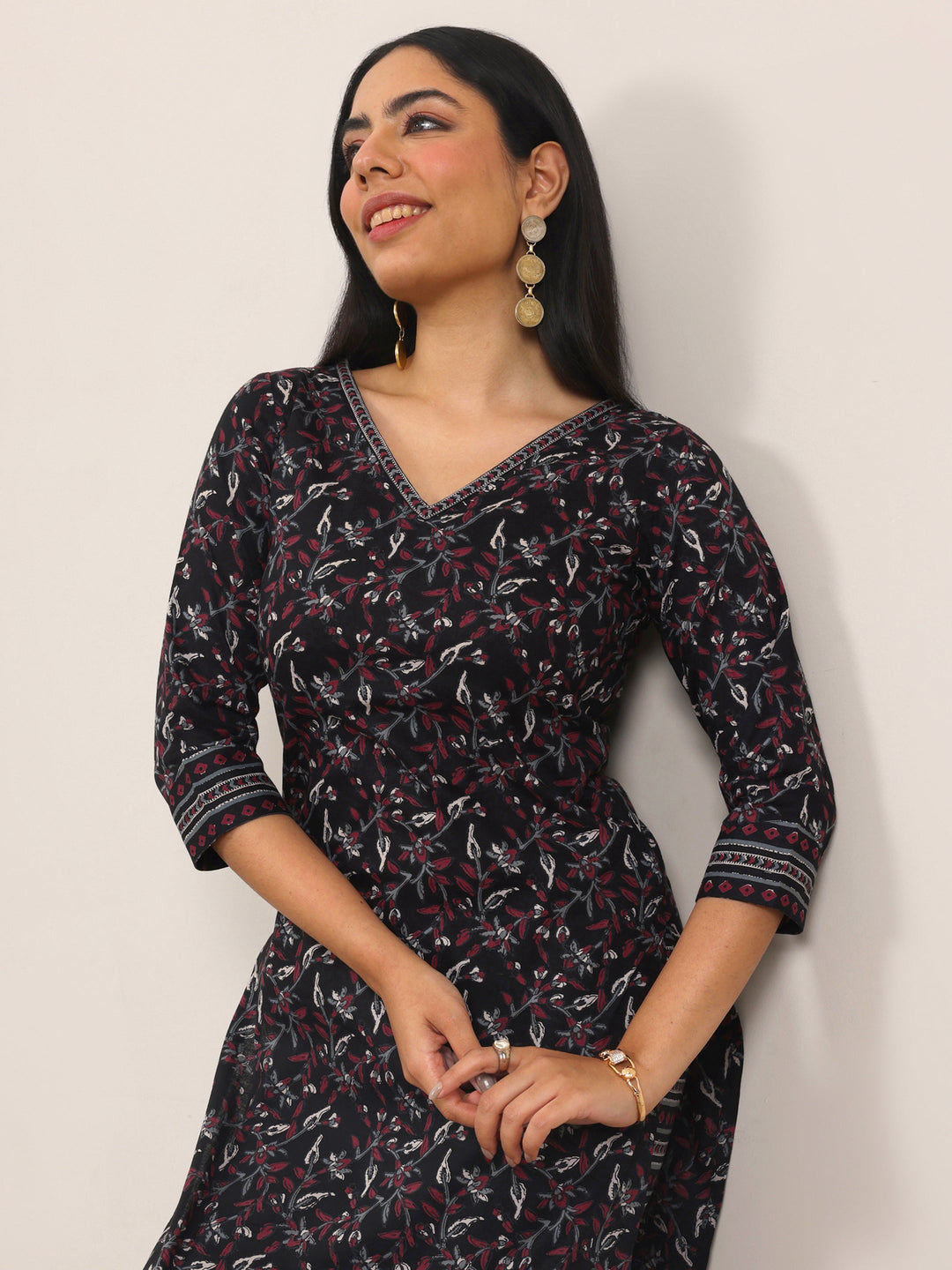  Black Printed Cotton Straight Kurta Set 