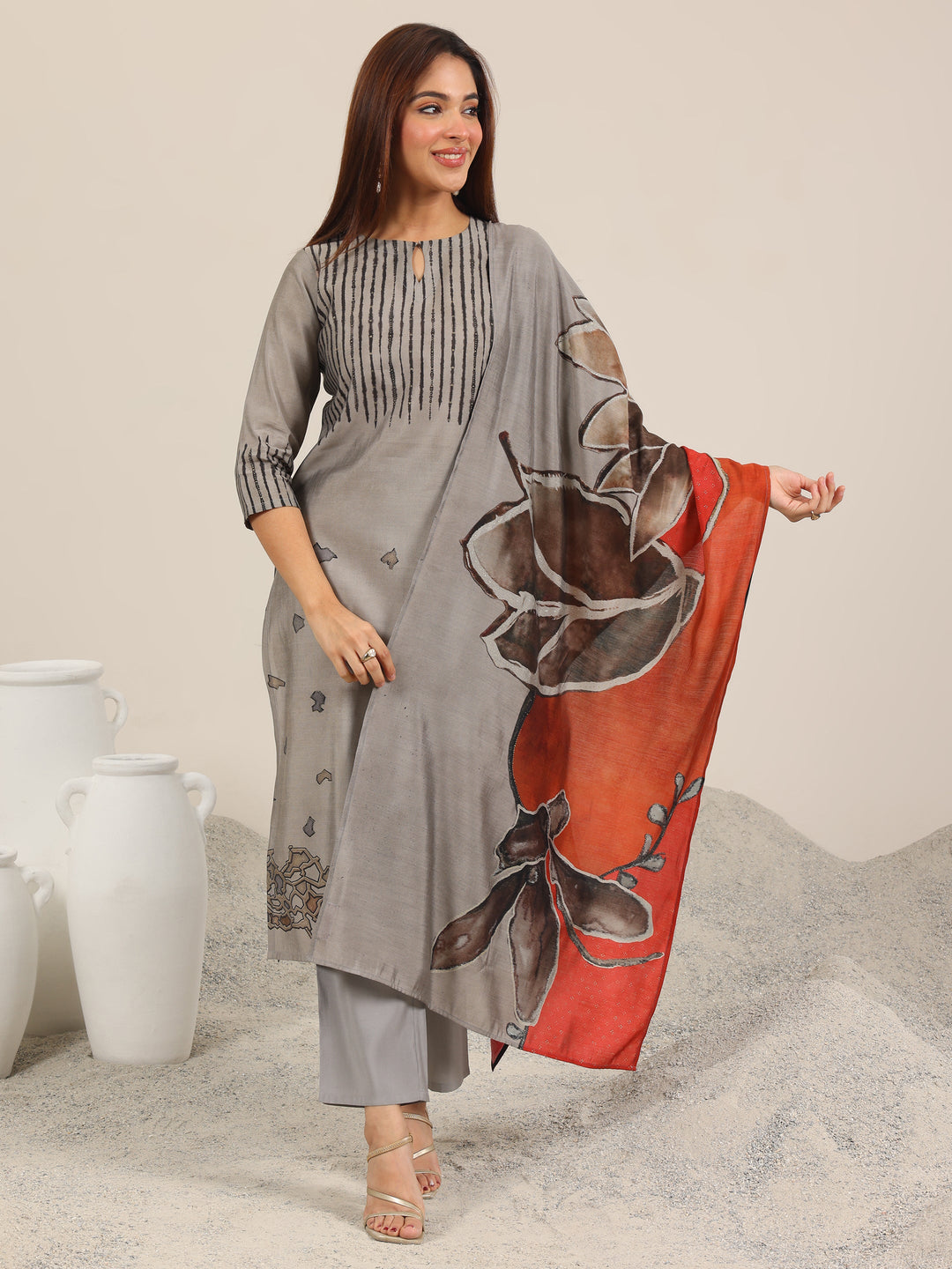  Grey Printed Silk Blend Straight Suit Set WIth Dupatta 