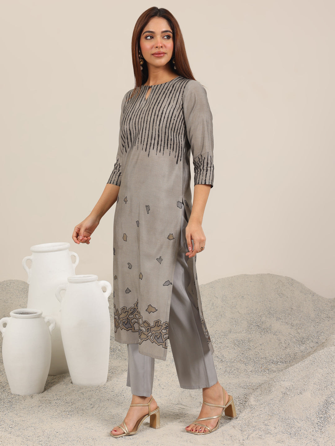  Grey Printed Silk Blend Straight Suit Set WIth Dupatta 