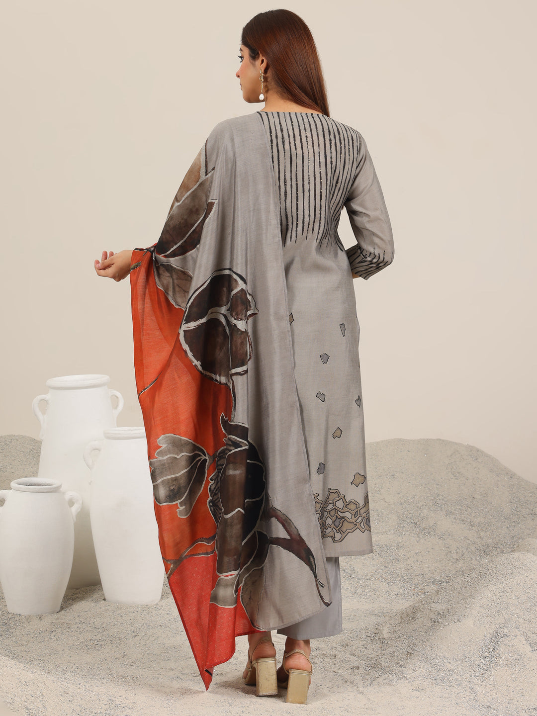  Grey Printed Silk Blend Straight Suit Set WIth Dupatta 