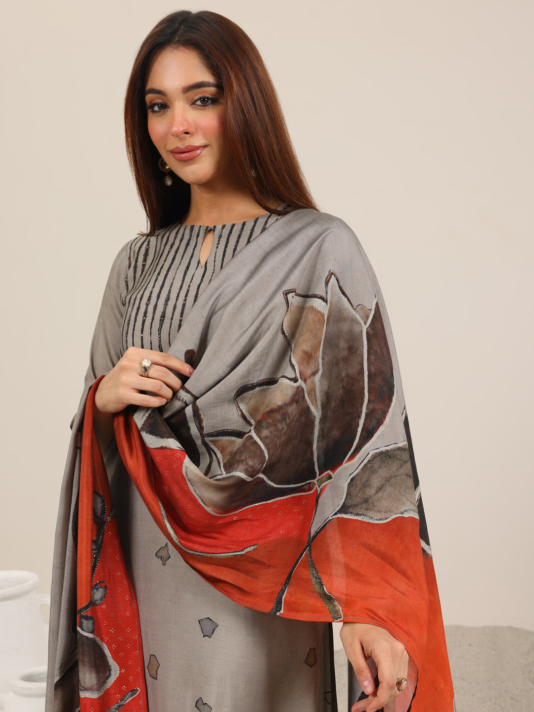  Grey Printed Silk Blend Straight Suit Set WIth Dupatta 