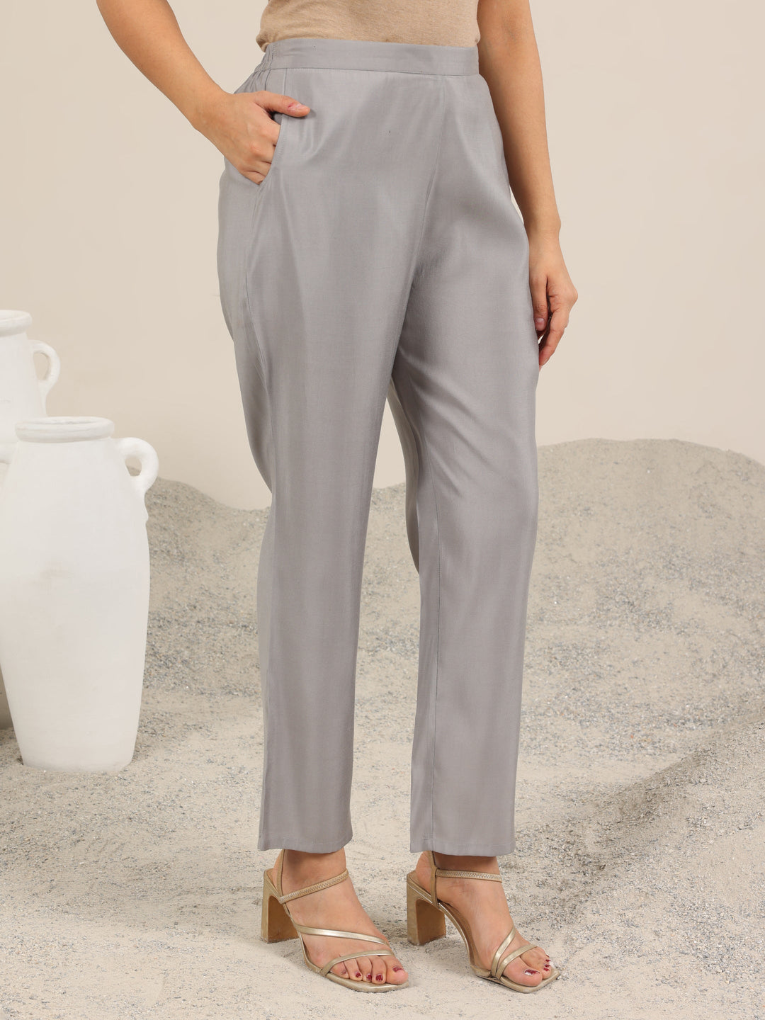  Grey Printed Silk Blend Straight Suit Set WIth Dupatta 