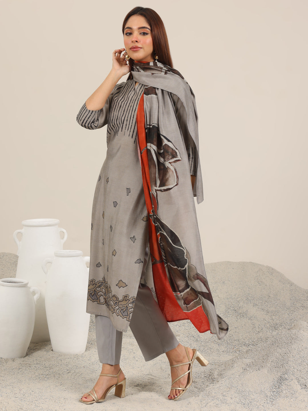  Grey Printed Silk Blend Straight Suit Set WIth Dupatta 