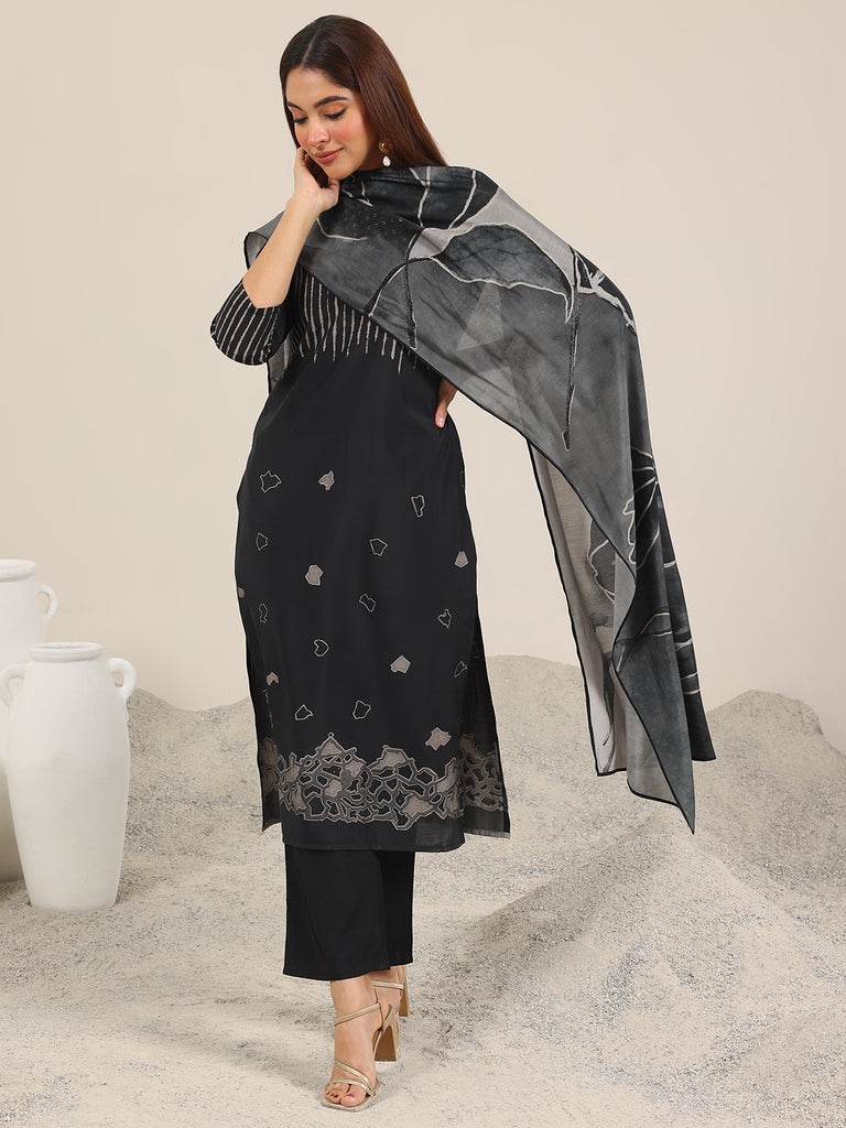 Libas Black Printed Silk Blend Straight Suit Set WIth Dupatta