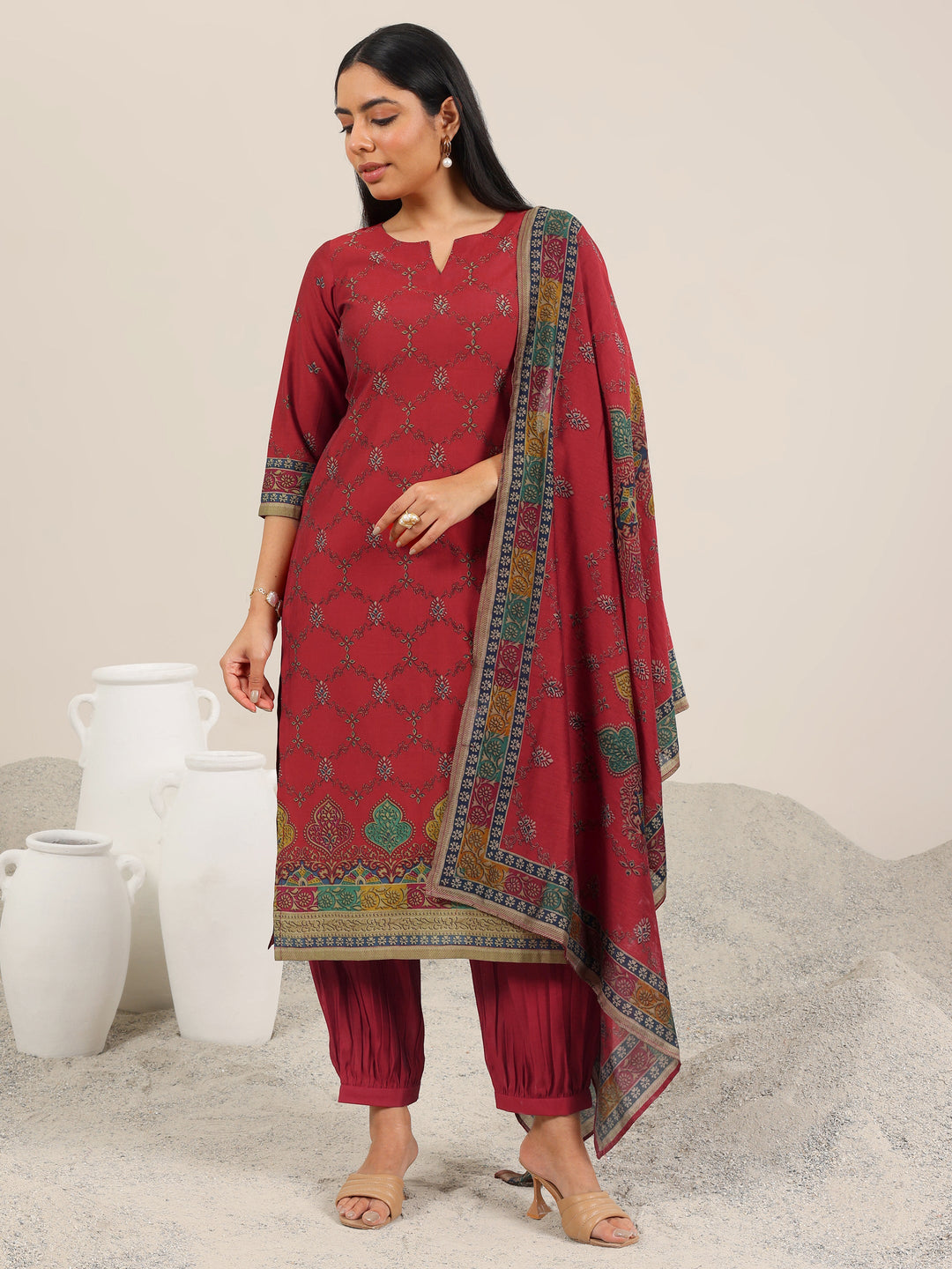  Red Printed Silk Blend Straight Suit Set WIth Dupatta 
