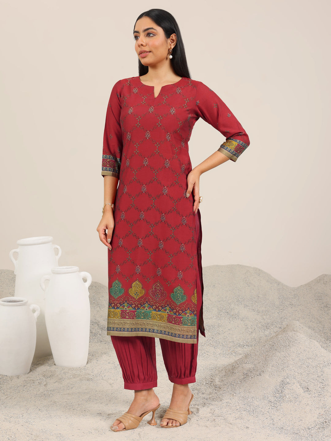  Red Printed Silk Blend Straight Suit Set WIth Dupatta 