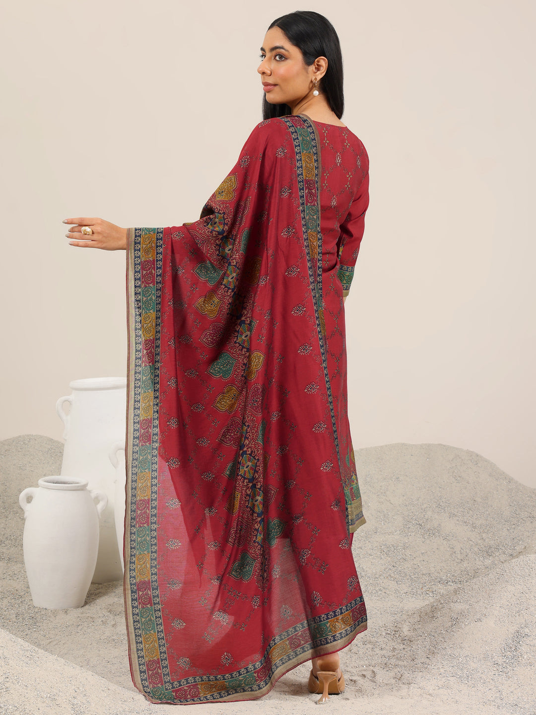  Red Printed Silk Blend Straight Suit Set WIth Dupatta 