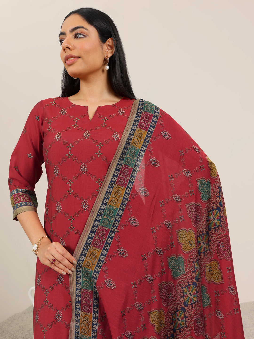  Red Printed Silk Blend Straight Suit Set WIth Dupatta 