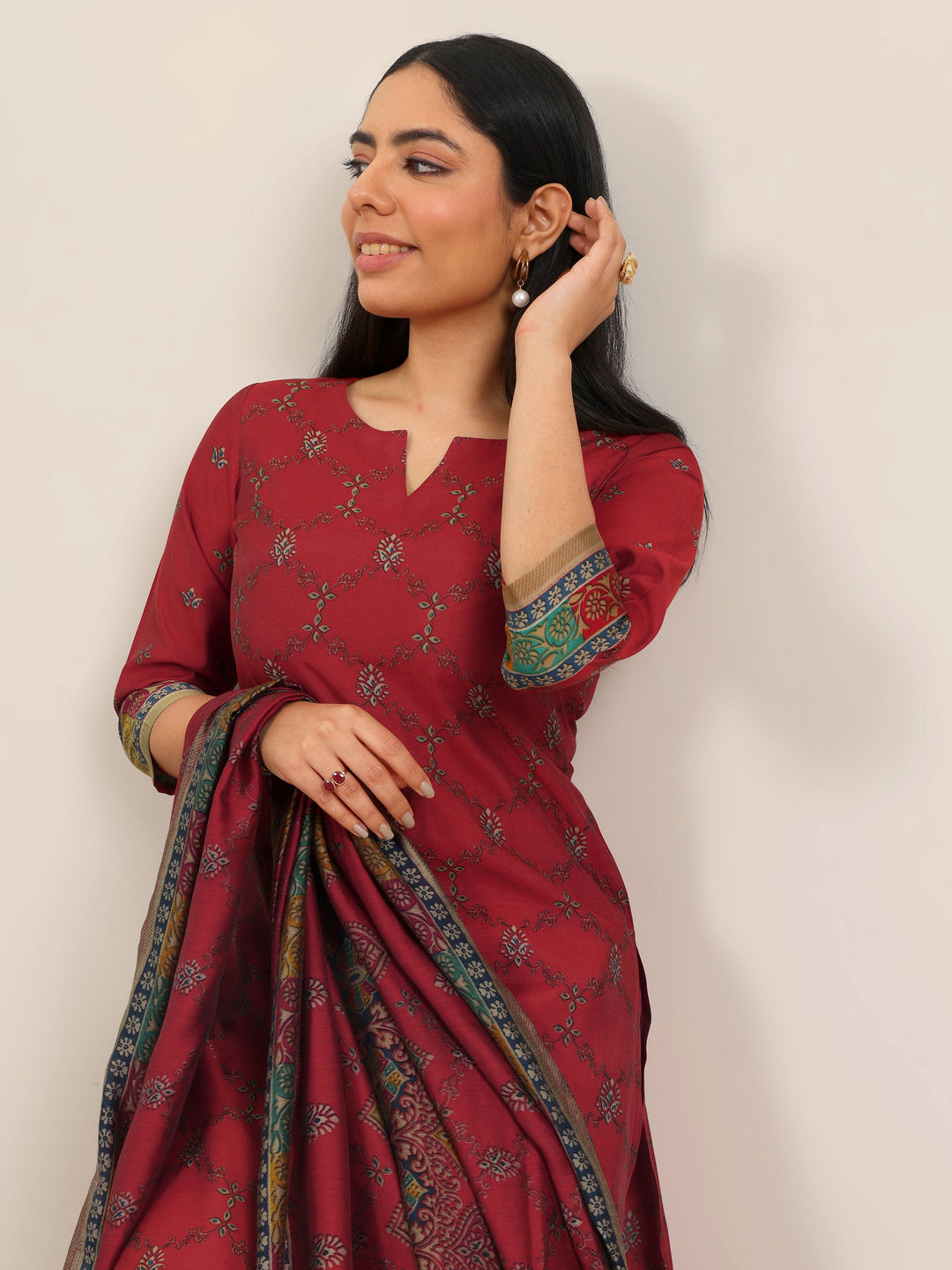  Red Printed Silk Blend Straight Suit Set WIth Dupatta 