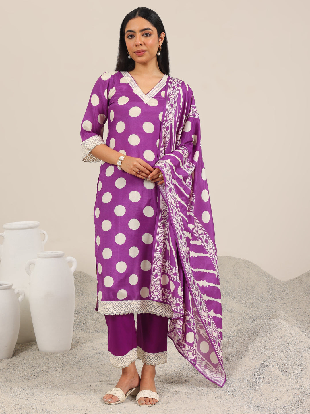  Purple Printed Silk Blend Straight Suit Set WIth Dupatta 
