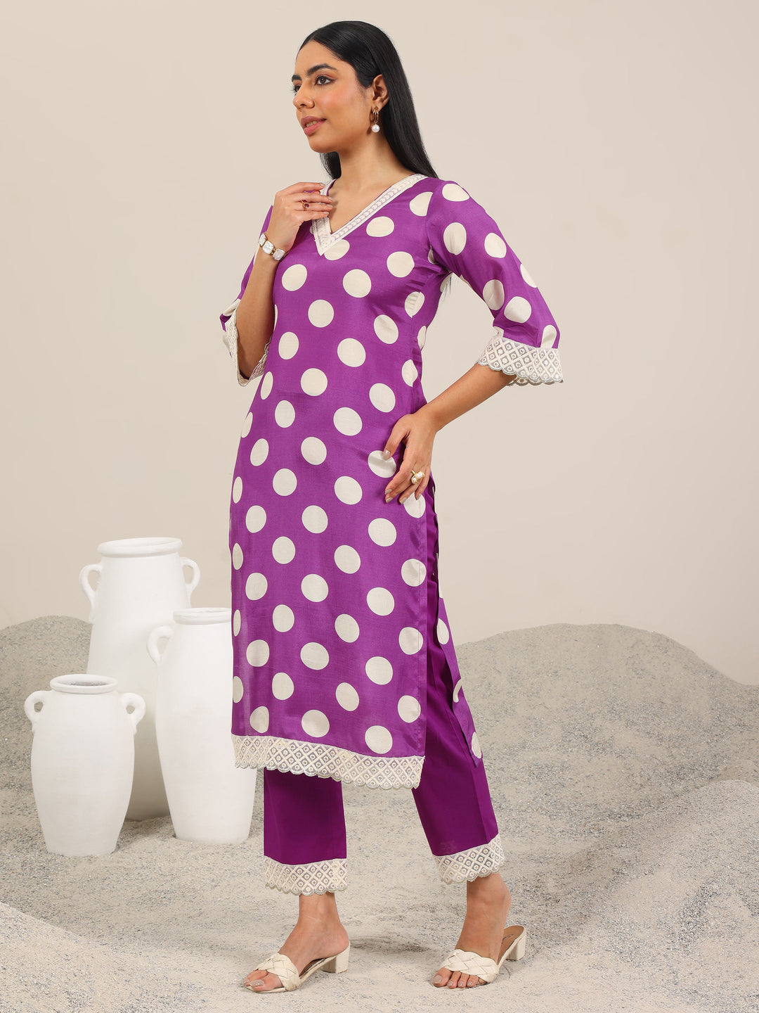  Purple Printed Silk Blend Straight Suit Set WIth Dupatta 