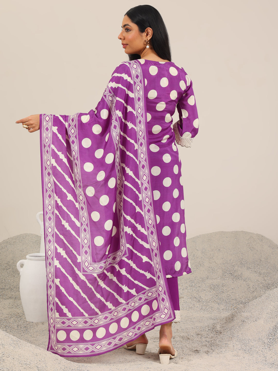  Purple Printed Silk Blend Straight Suit Set WIth Dupatta 