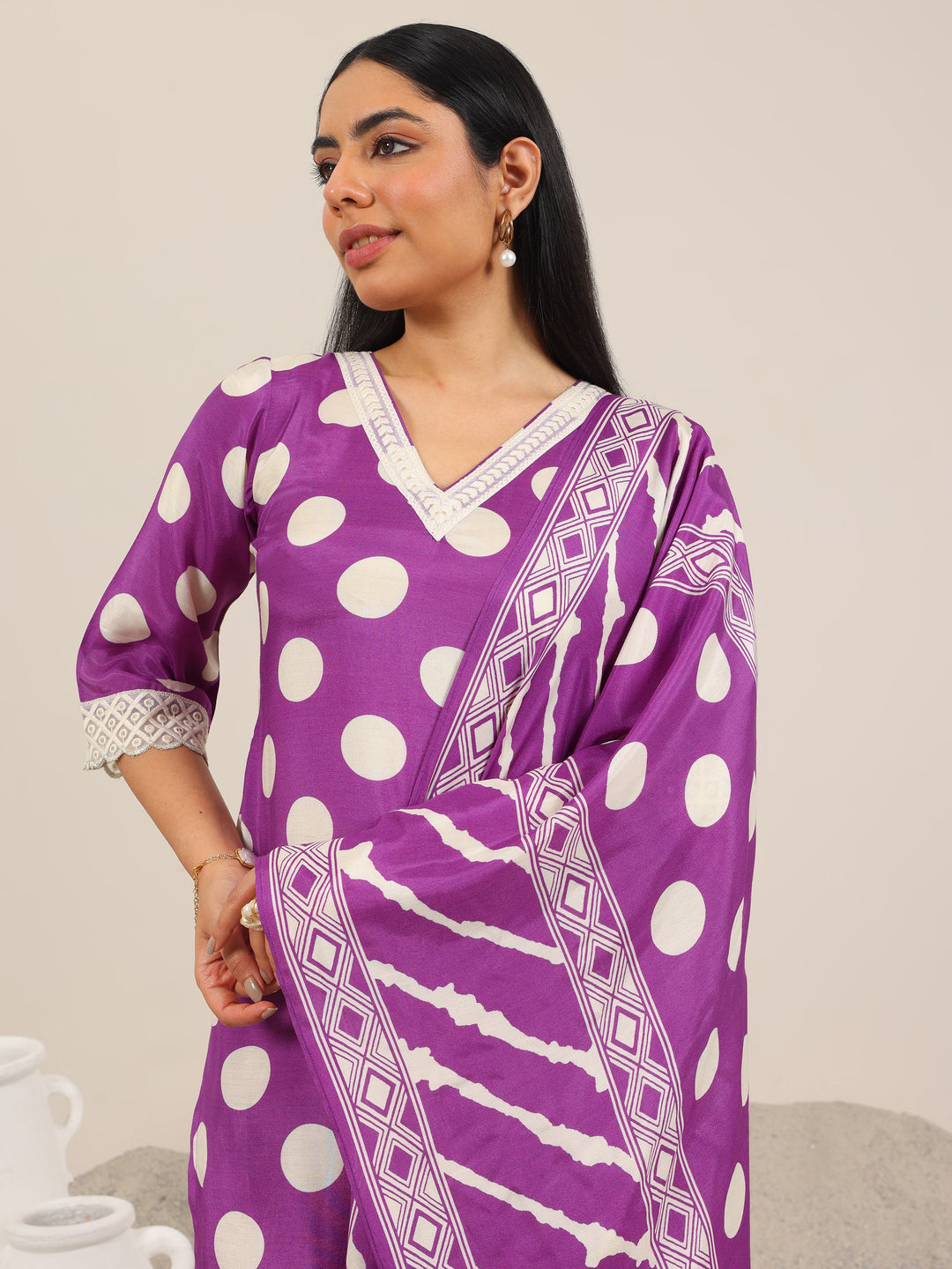  Purple Printed Silk Blend Straight Suit Set WIth Dupatta 