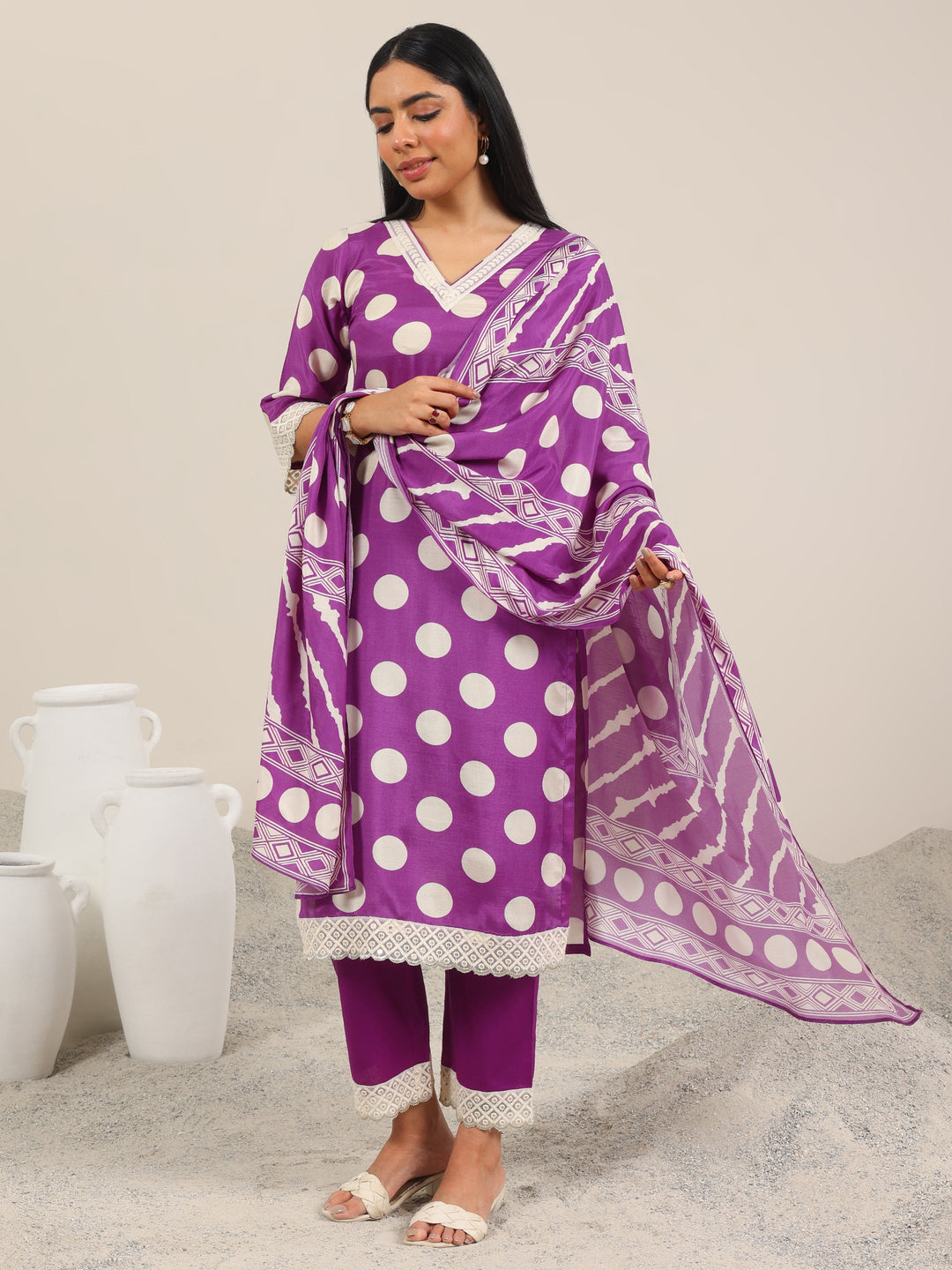  Purple Printed Silk Blend Straight Suit Set WIth Dupatta 