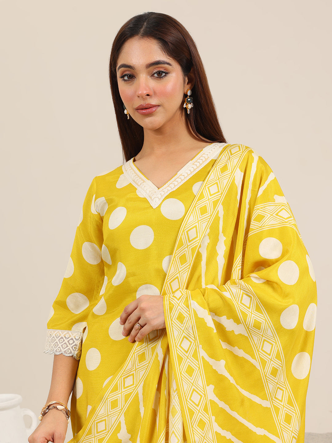  Yellow Printed Silk Blend Straight Suit Set WIth Dupatta 