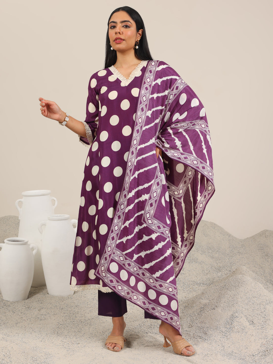 Purple Printed Silk Blend A-Line Suit Set WIth Dupatta 