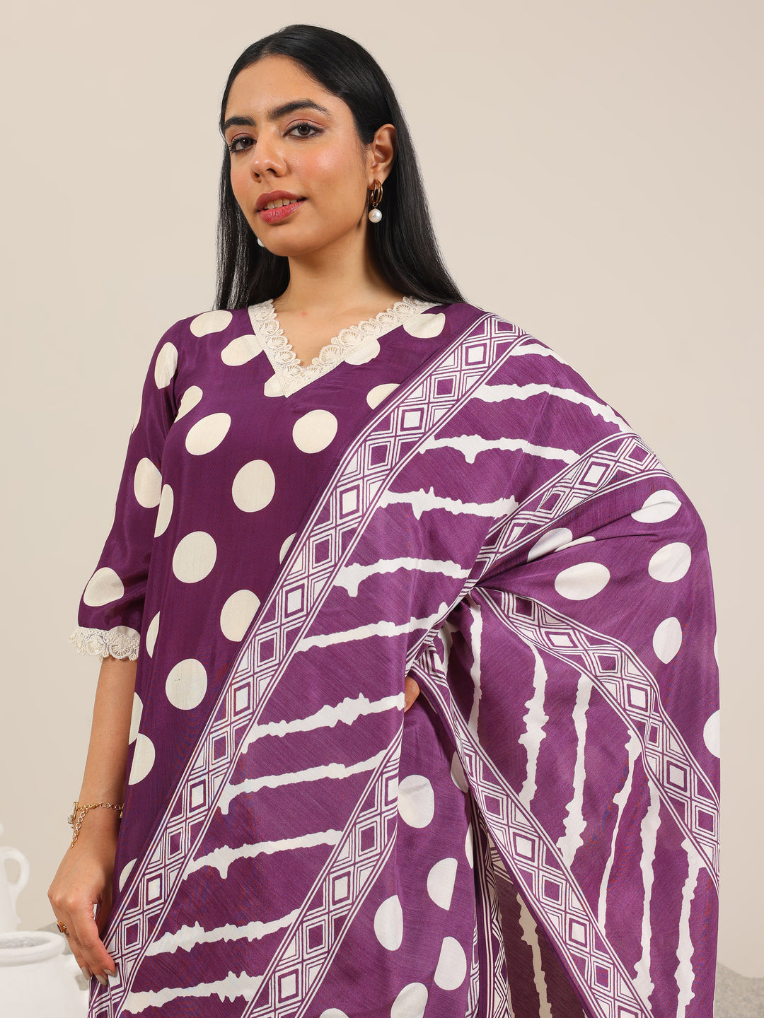  Purple Printed Silk Blend A-Line Suit Set WIth Dupatta 
