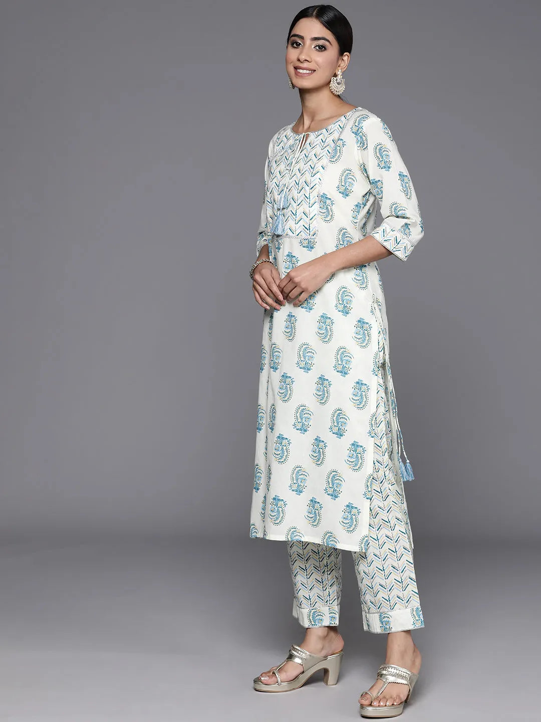  Cream Printed Cotton Straight Suit With Dupatta 