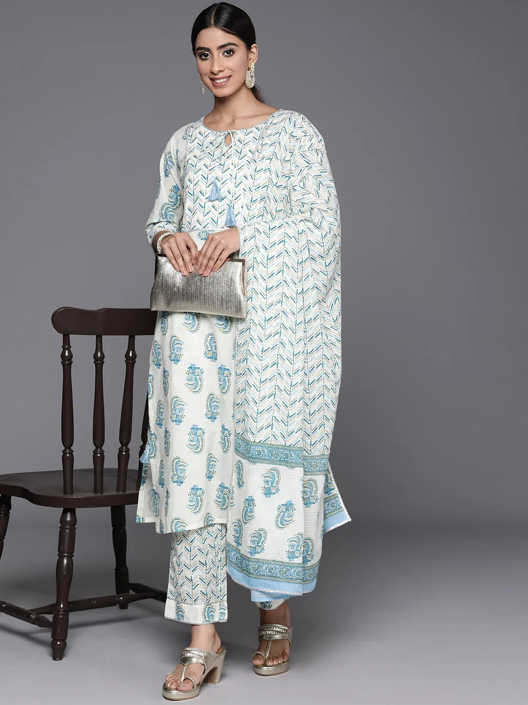  Cream Printed Cotton Straight Suit With Dupatta 