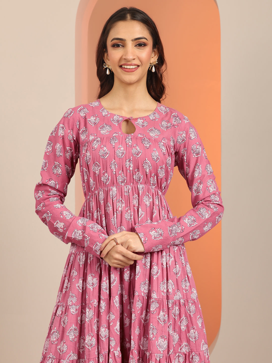  Mauve Printed Cotton Anarkali Suit Set With Dupatta 
