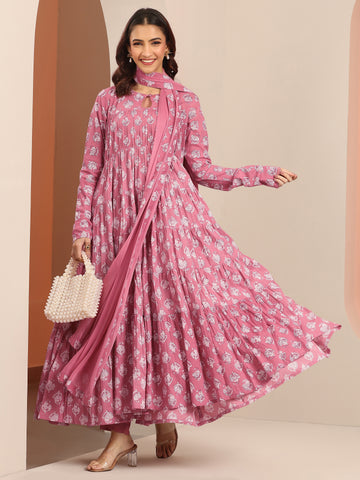 Mauve Printed Cotton Anarkali Suit Set With Dupatta