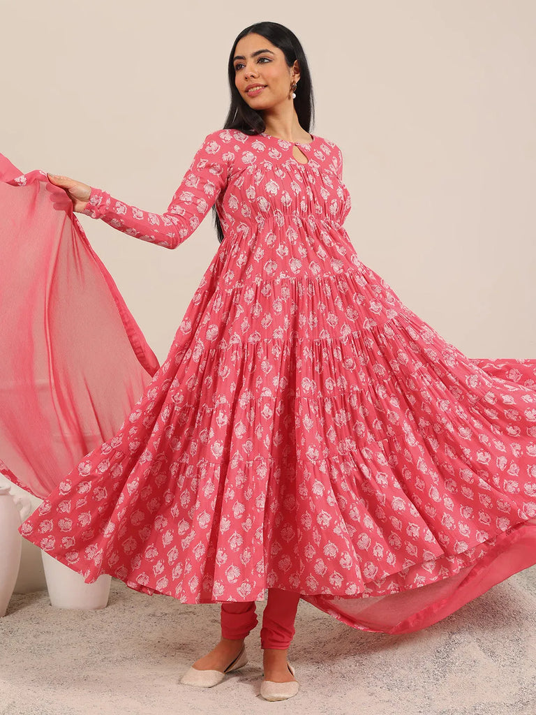 Libas Peach Printed Cotton Anarkali Suit Set With Dupatta