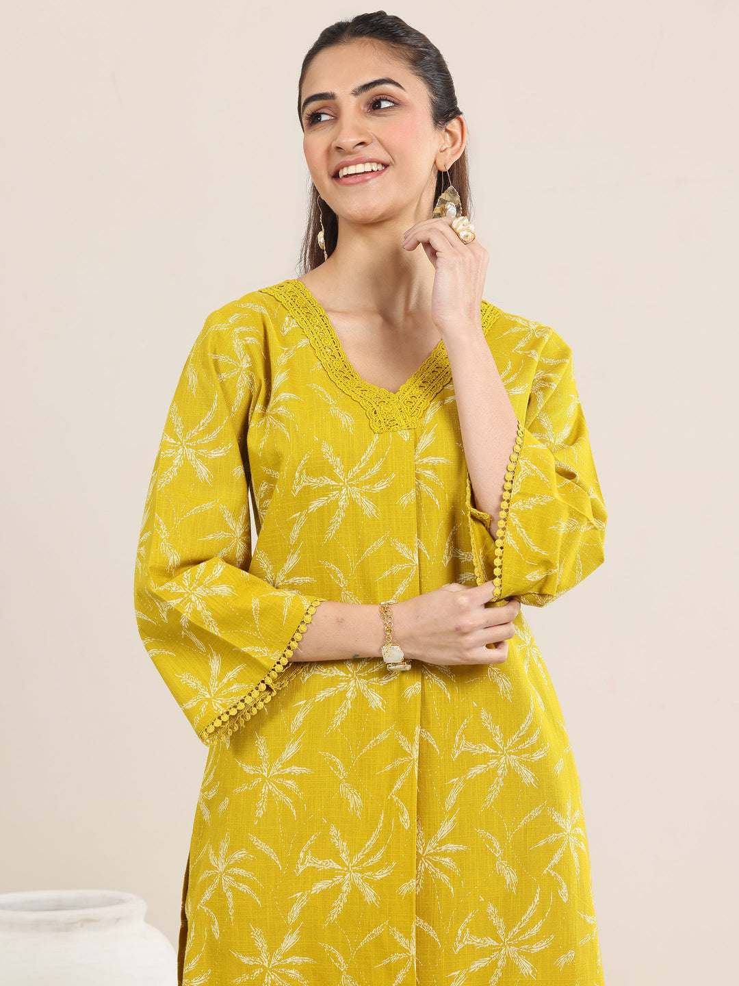  Yellow Printed Cotton Straight Kurta Set 