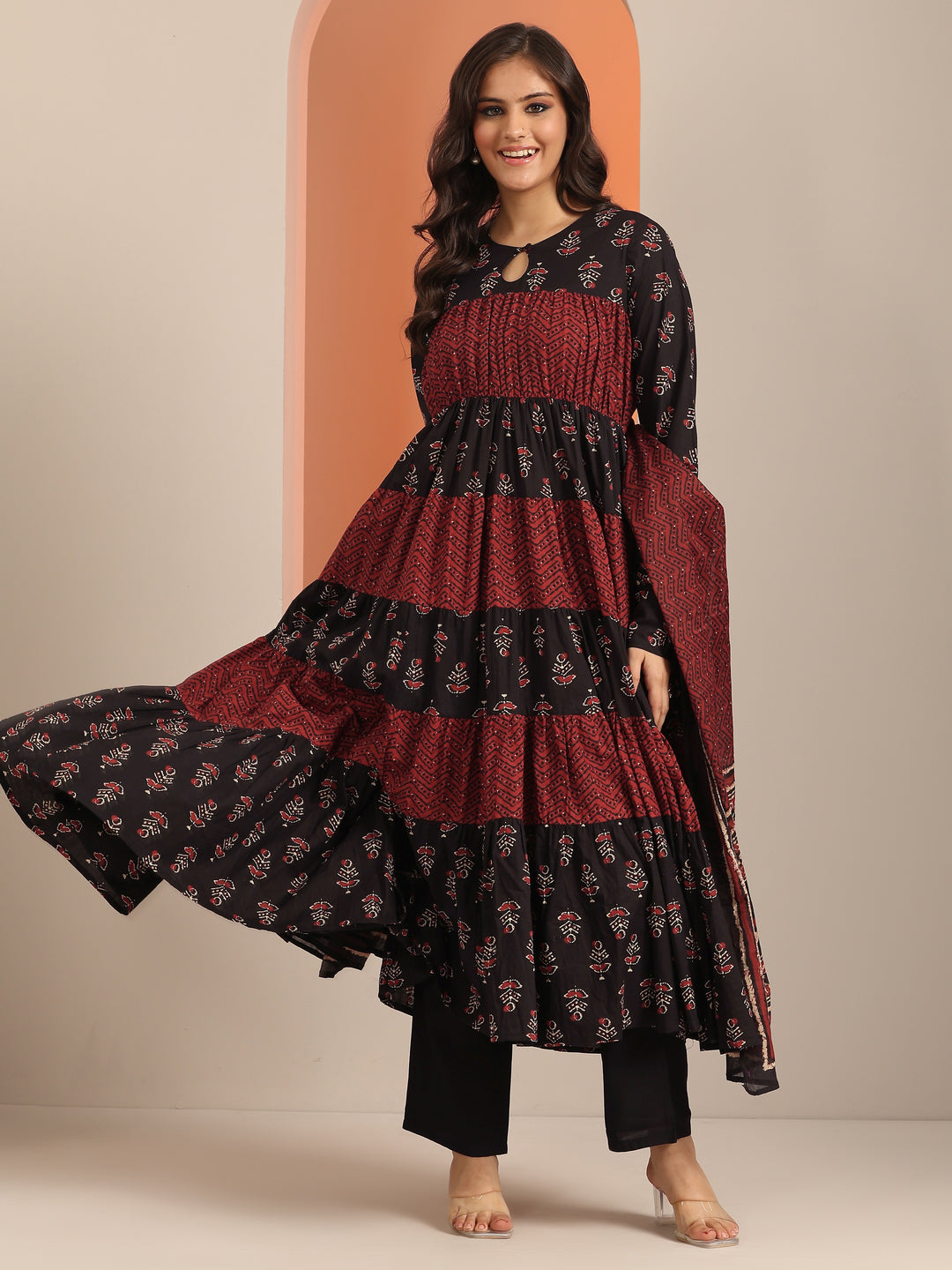  Black Printed Cotton Anarkali Suit Set With Dupatta 