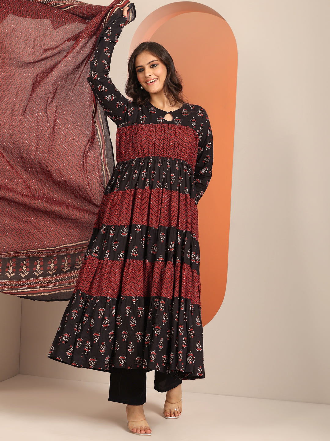  Black Printed Cotton Anarkali Suit Set With Dupatta 