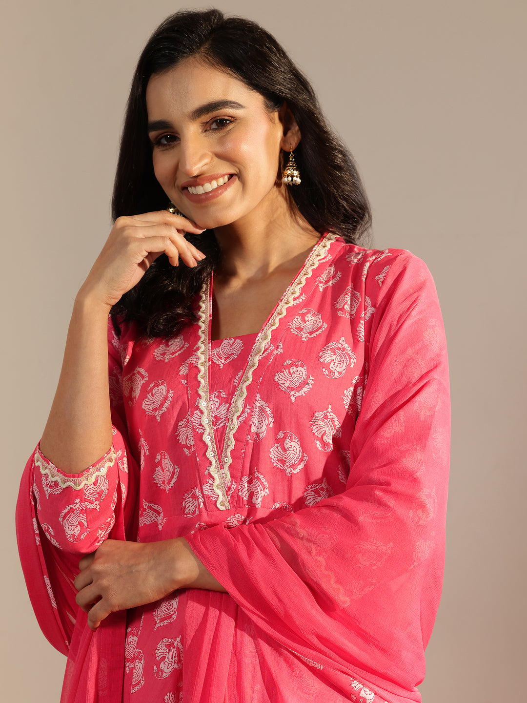 Peach Printed Cotton Anarkali Suit With Dupatta