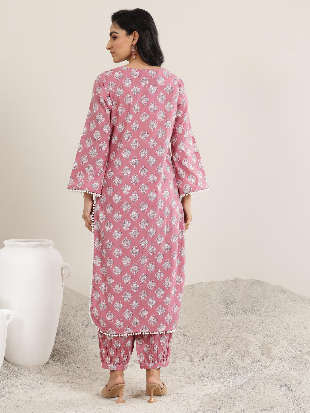  Peach Printed Cotton Straight Kurta Set 