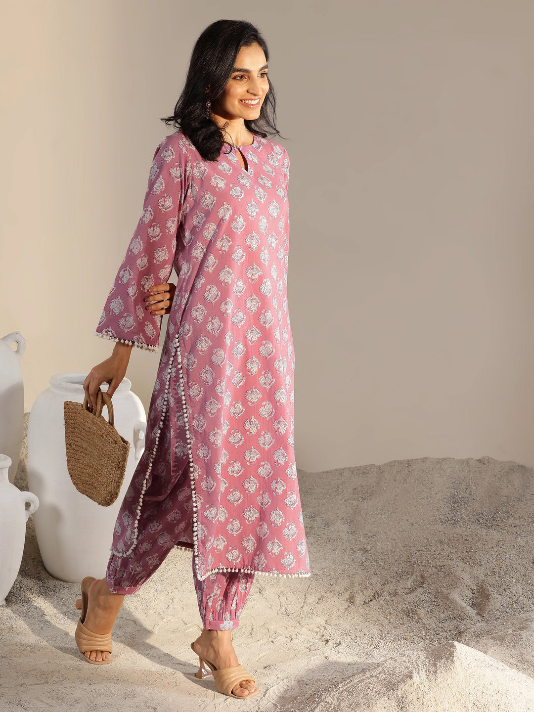 Peach Printed Cotton Straight Kurta Set