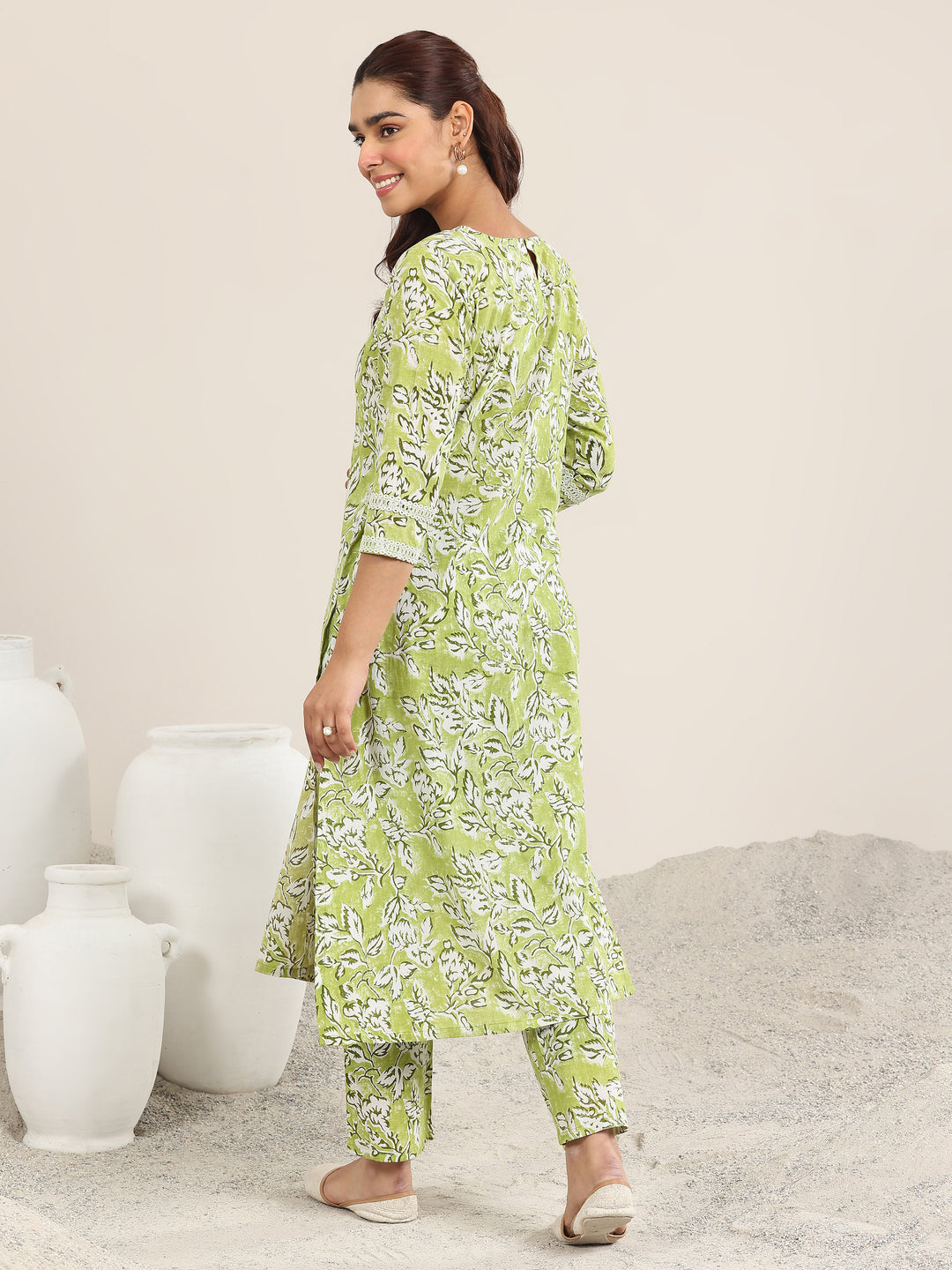  Green Printed Cotton Straight Kurta Set 