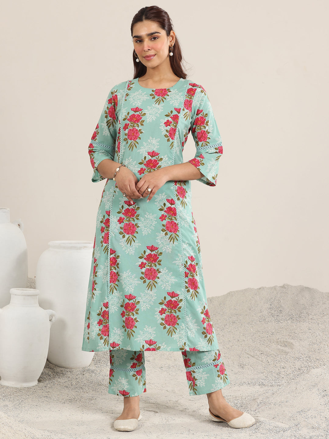  Green Printed Cotton A-line Kurta Set 