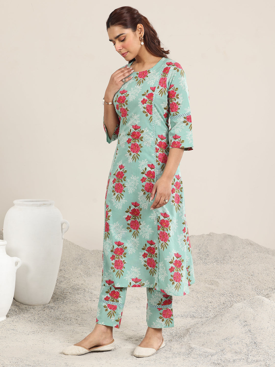  Green Printed Cotton A-line Kurta Set 