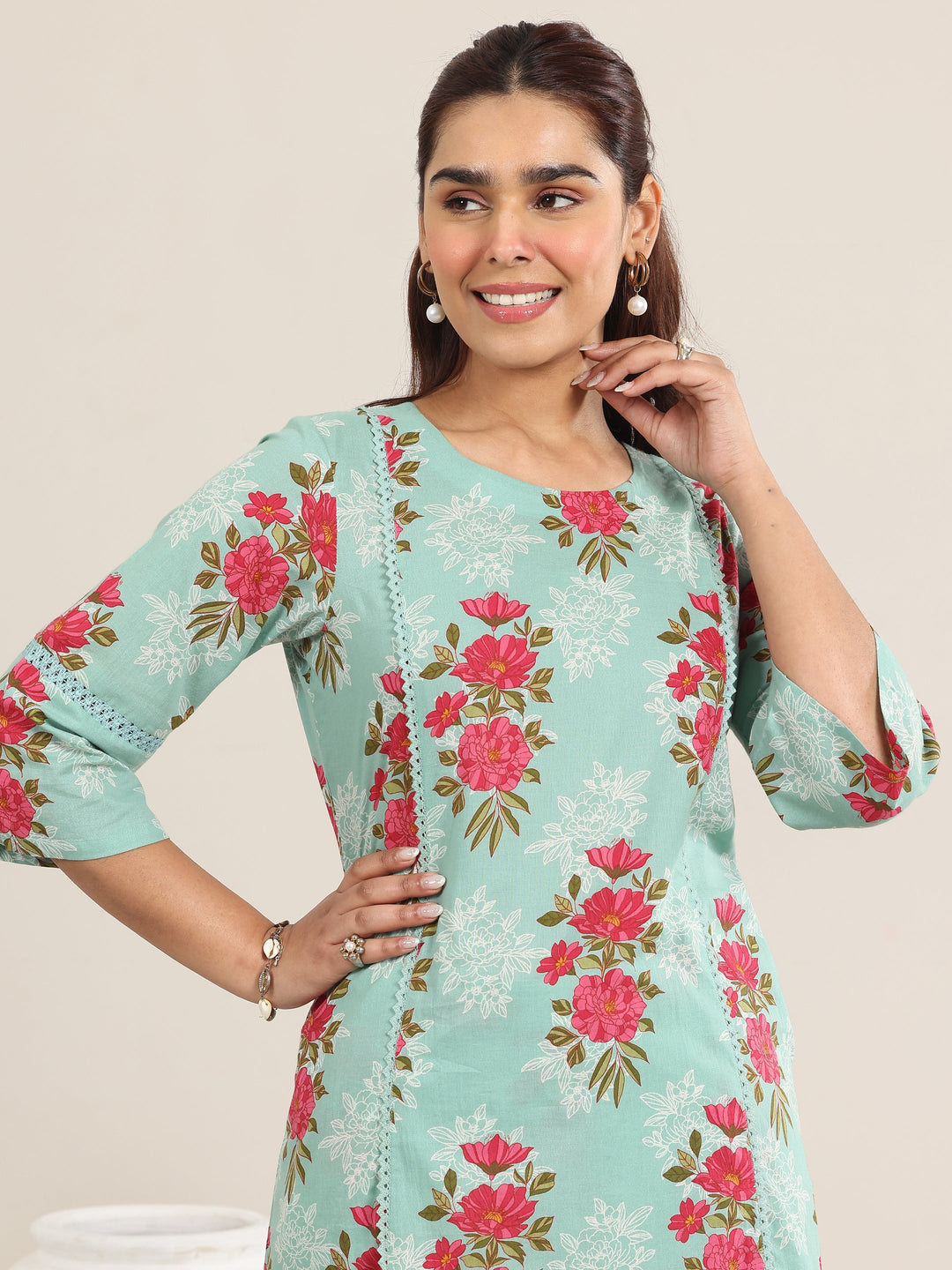  Green Printed Cotton A-line Kurta Set 