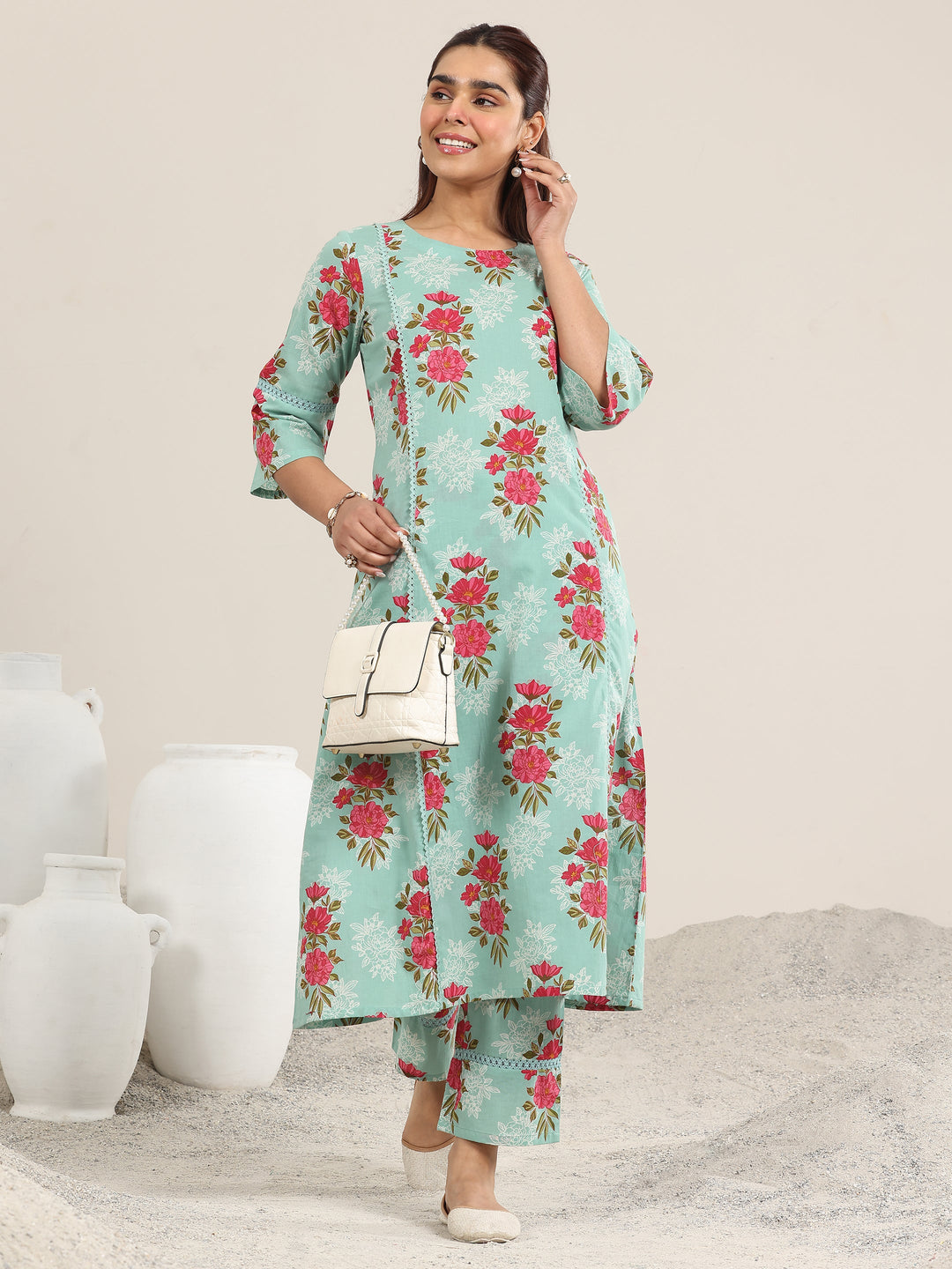  Green Printed Cotton A-line Kurta Set 