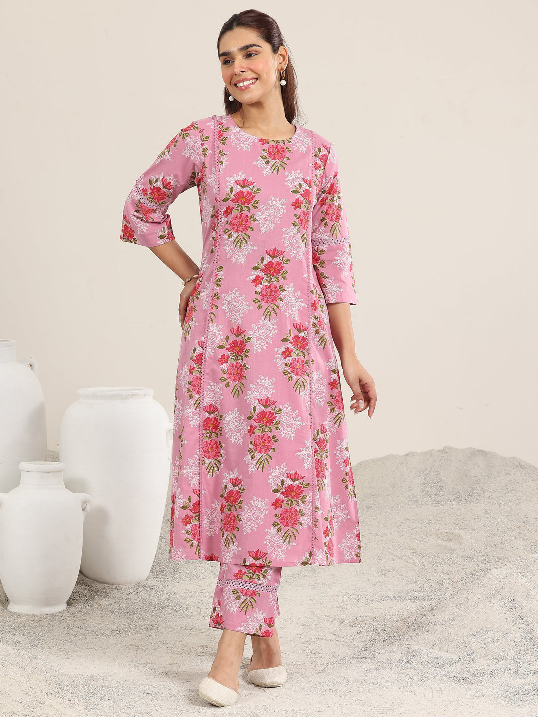  Pink Printed Cotton A-line Kurta Set 