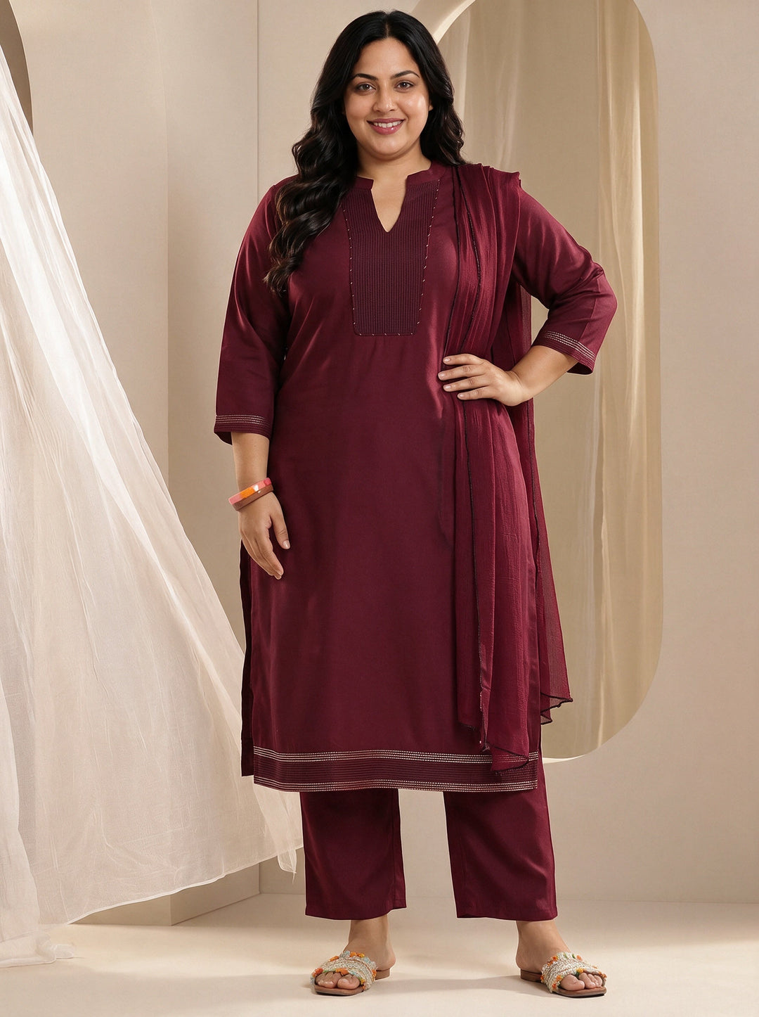 Plus Size Maroon Yoke Design Viscose Rayon Straight Suit Set With Dupatta 