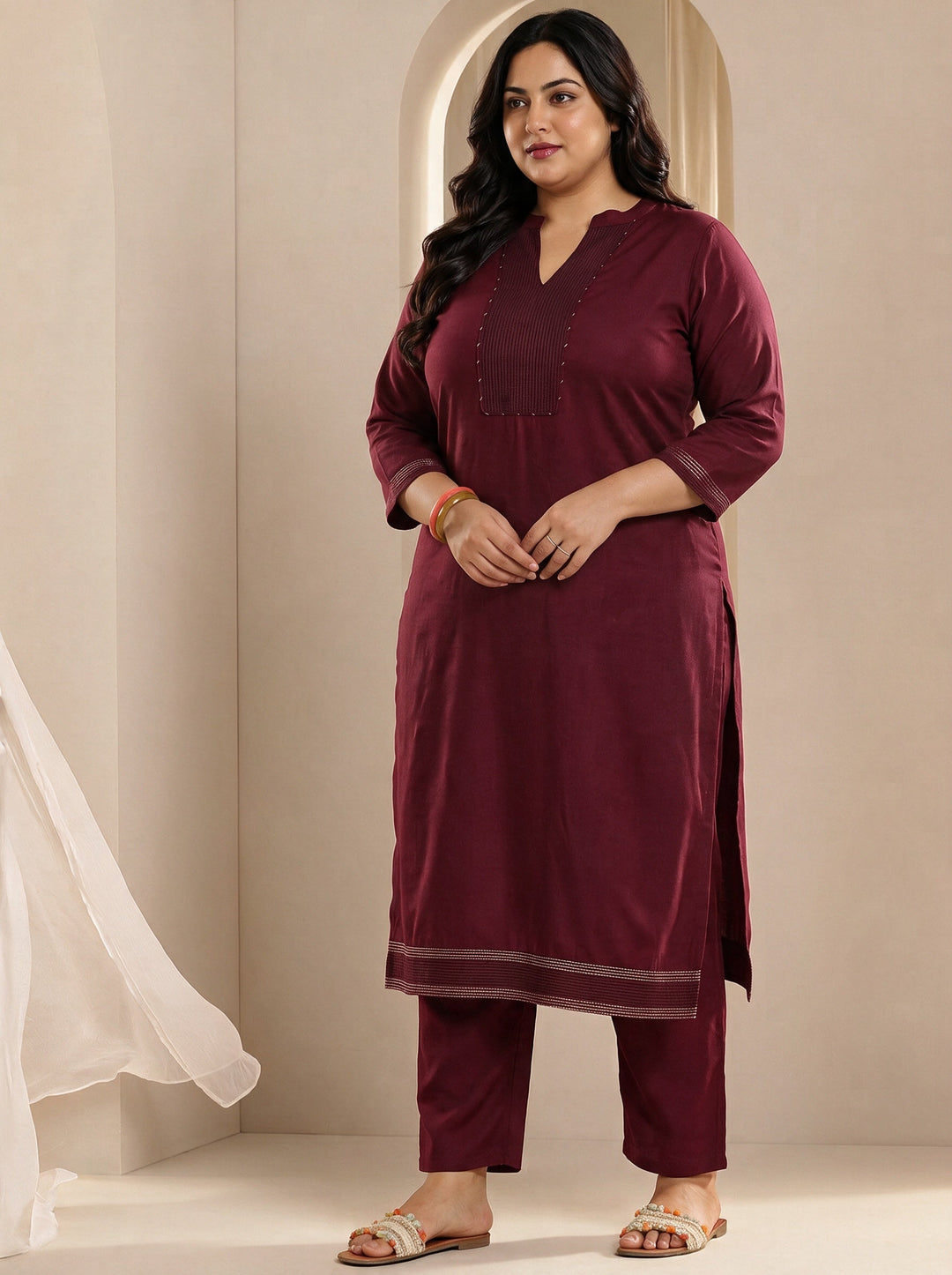 Plus Size Maroon Yoke Design Viscose Rayon Straight Suit Set With Dupatta 