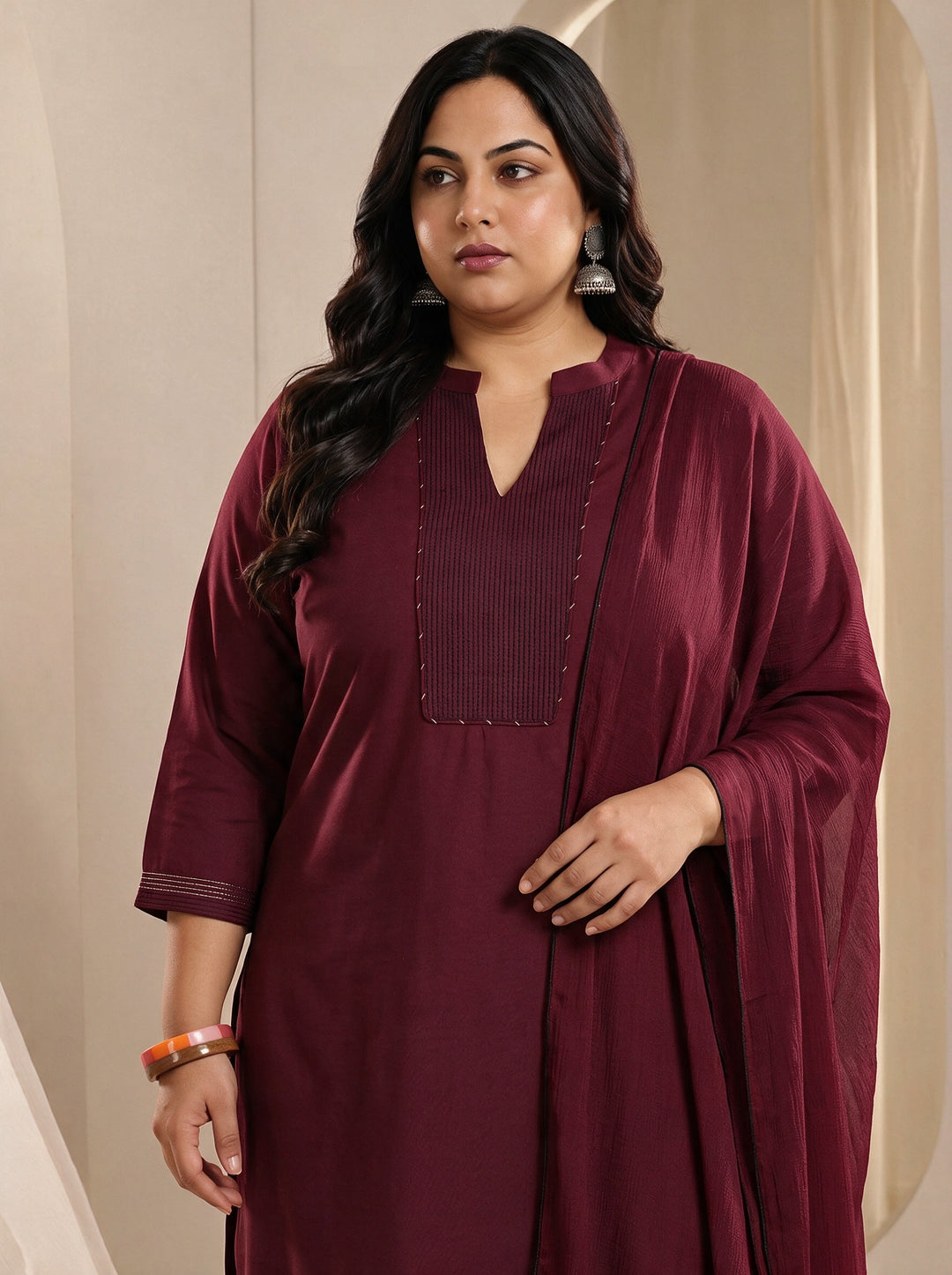  Plus Size Maroon Yoke Design Viscose Rayon Straight Suit Set With Dupatta 
