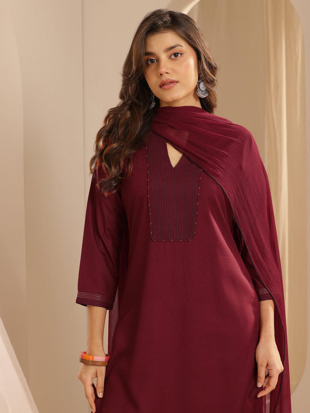  Maroon Yoke Design Viscose Rayon Straight Suit Set With Dupatta 