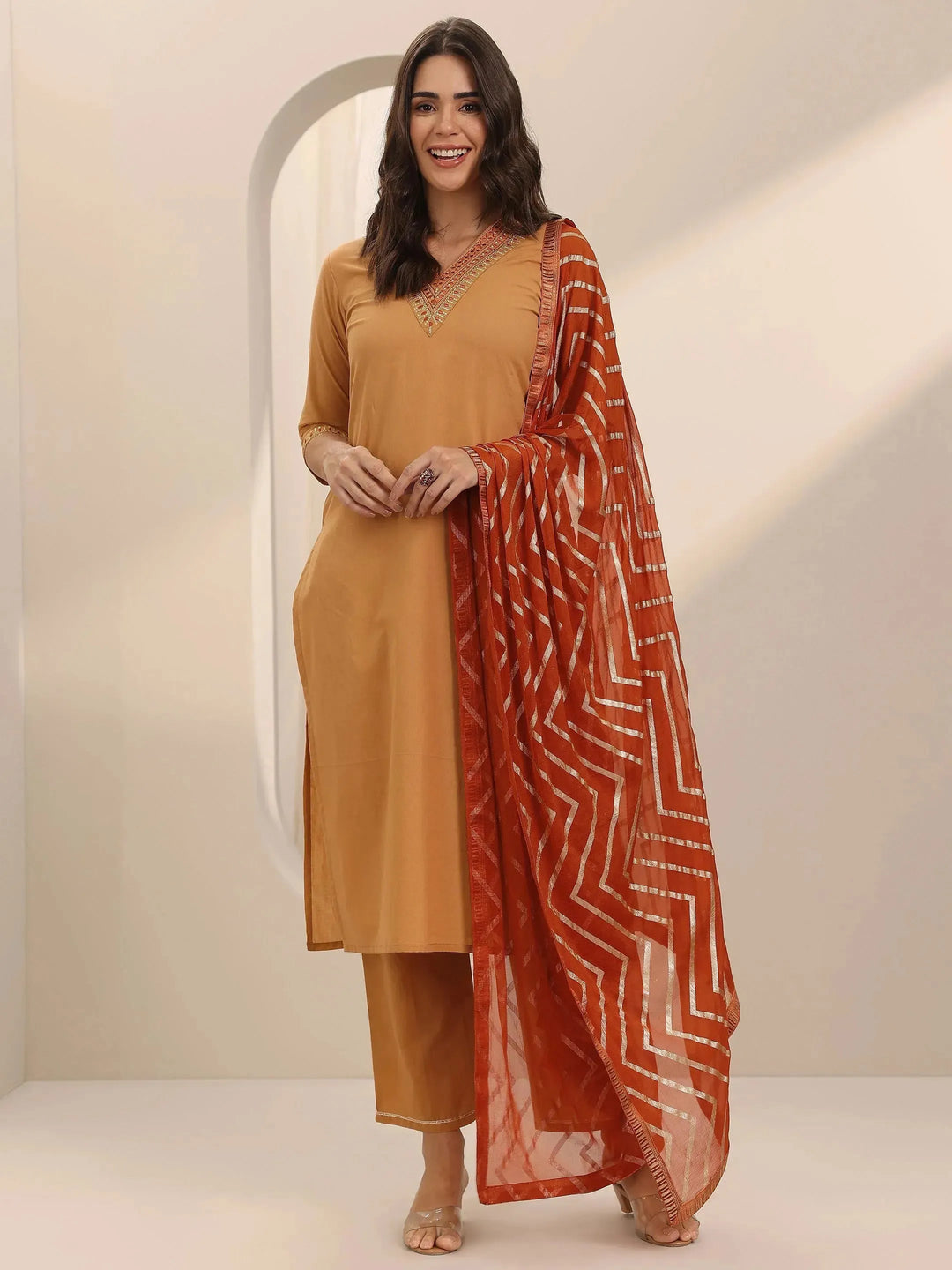  Beige Yoke Design Cotton Straight Suit Set With Dupatta 