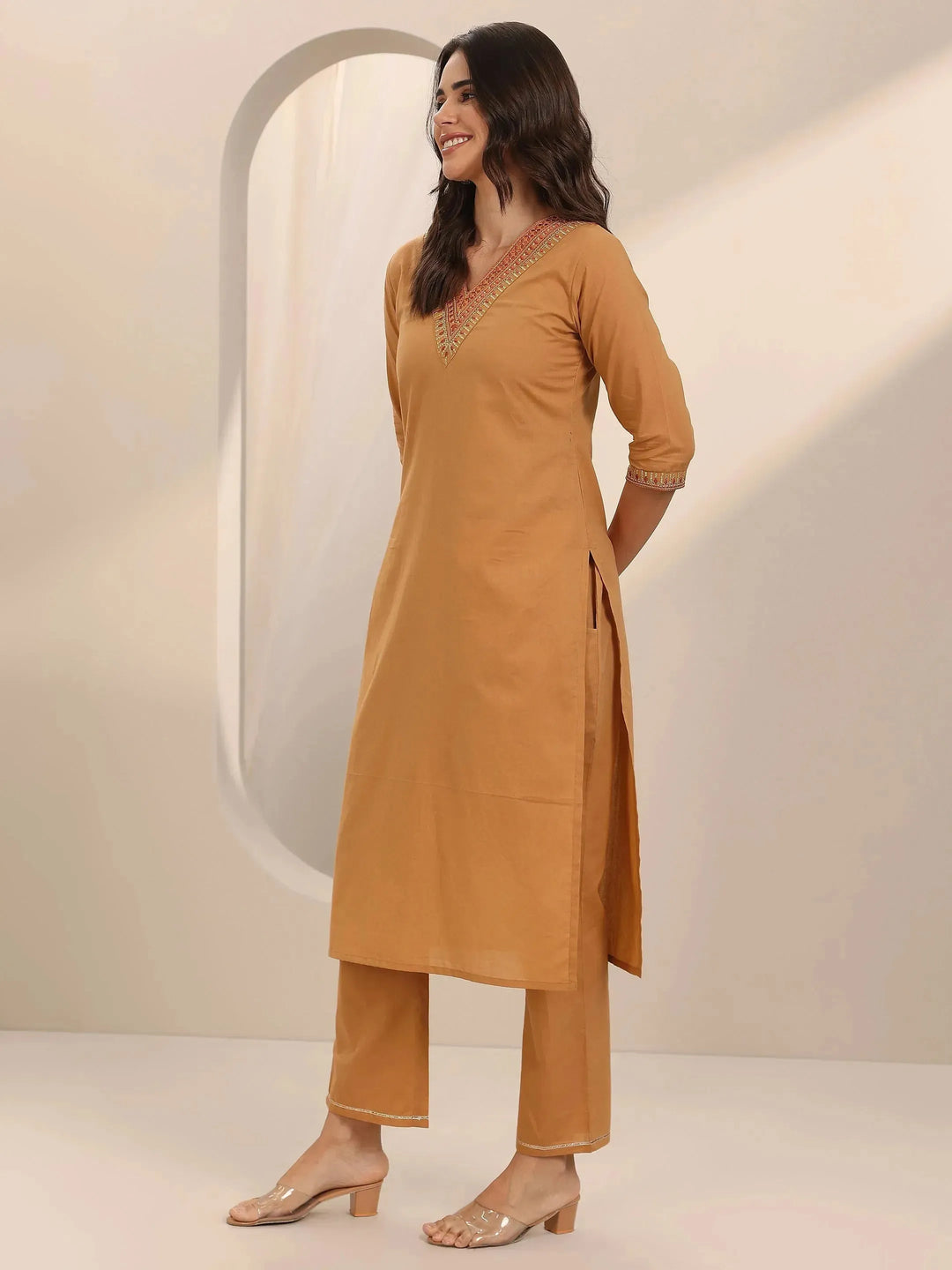  Beige Yoke Design Cotton Straight Suit Set With Dupatta 