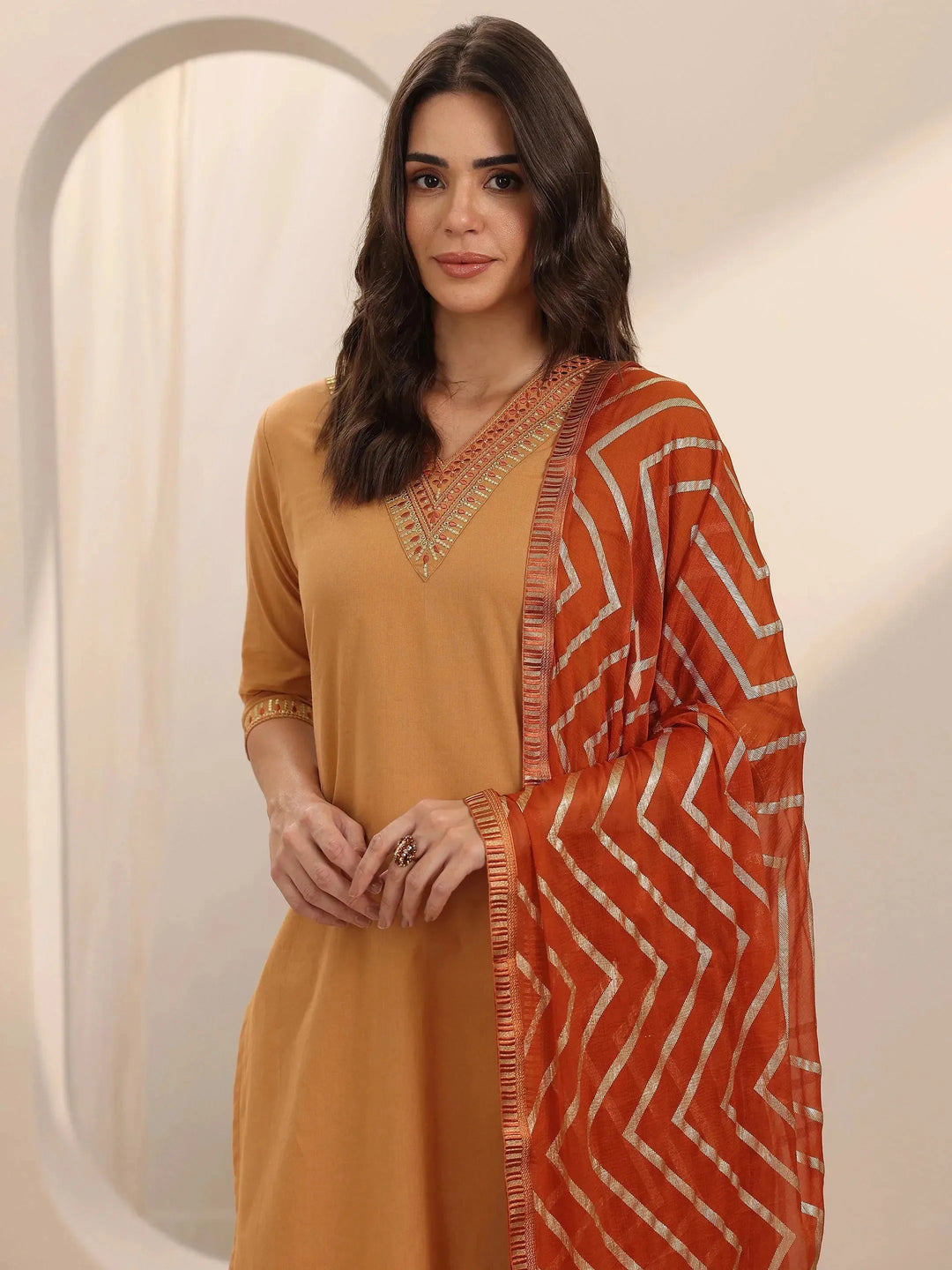  Beige Yoke Design Cotton Straight Suit Set With Dupatta 